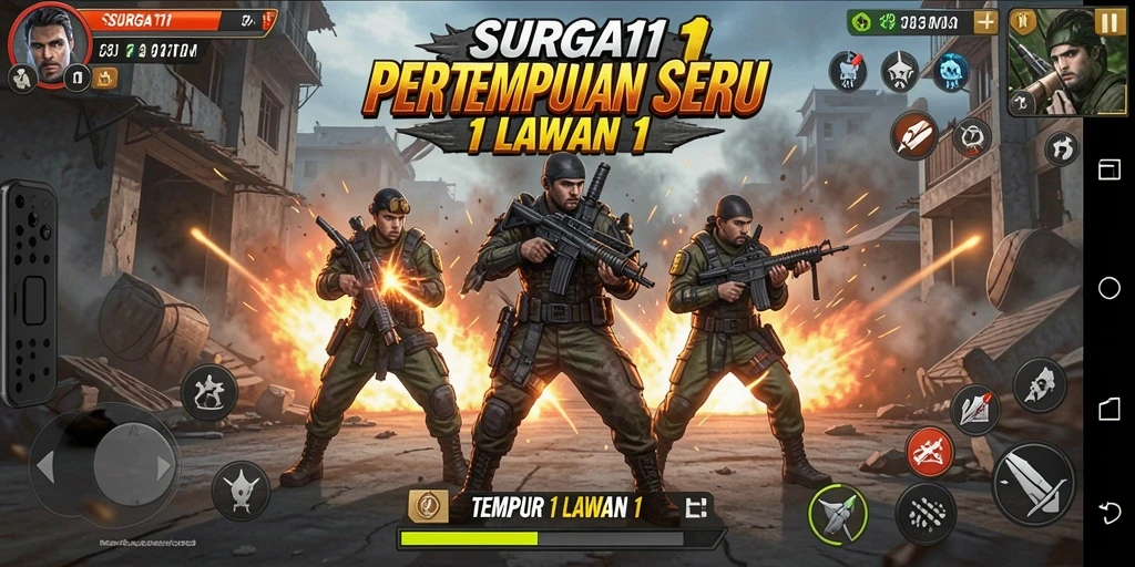 Antarmuka menampilkan pertarungan seru 1 lawan 1 dalam SURGA11.